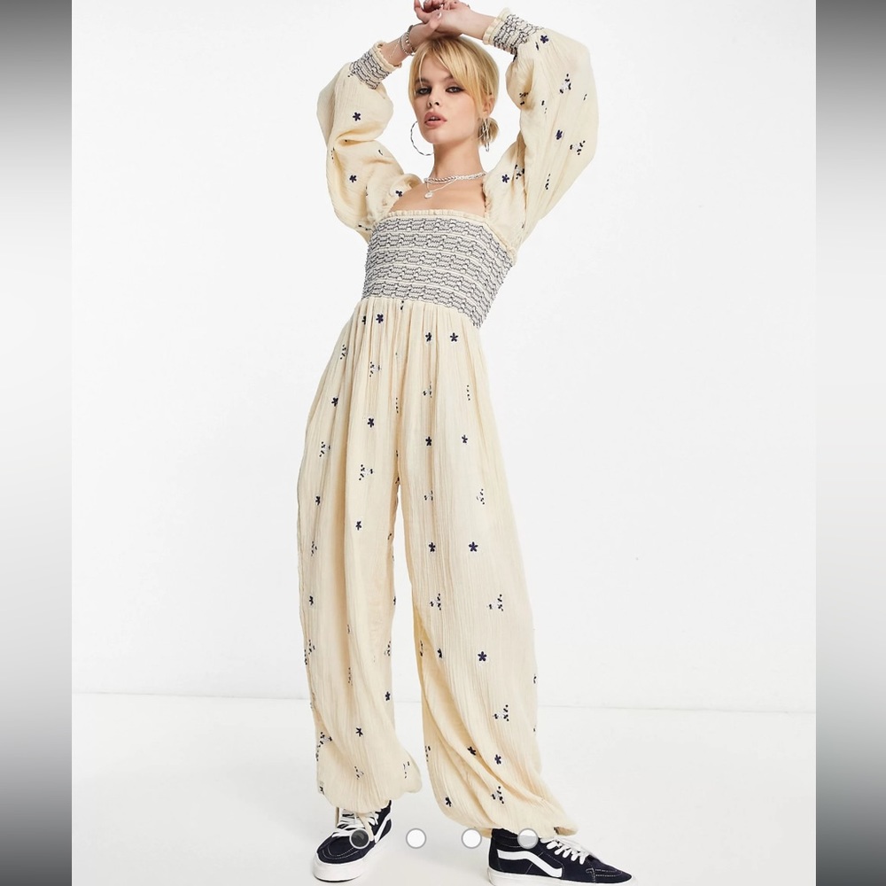 Free People embroidered detail boho crinkle jumpsuit in ecru